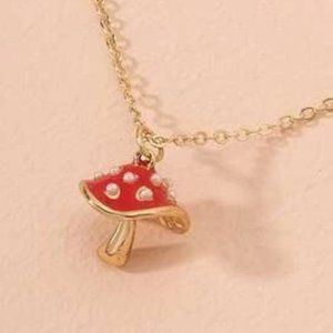Dainty gold chain red mushroom necklace